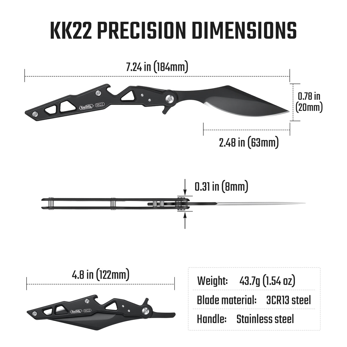 KK22 folding knife dimensions with 2.48 inch blade and 1.54 oz weight