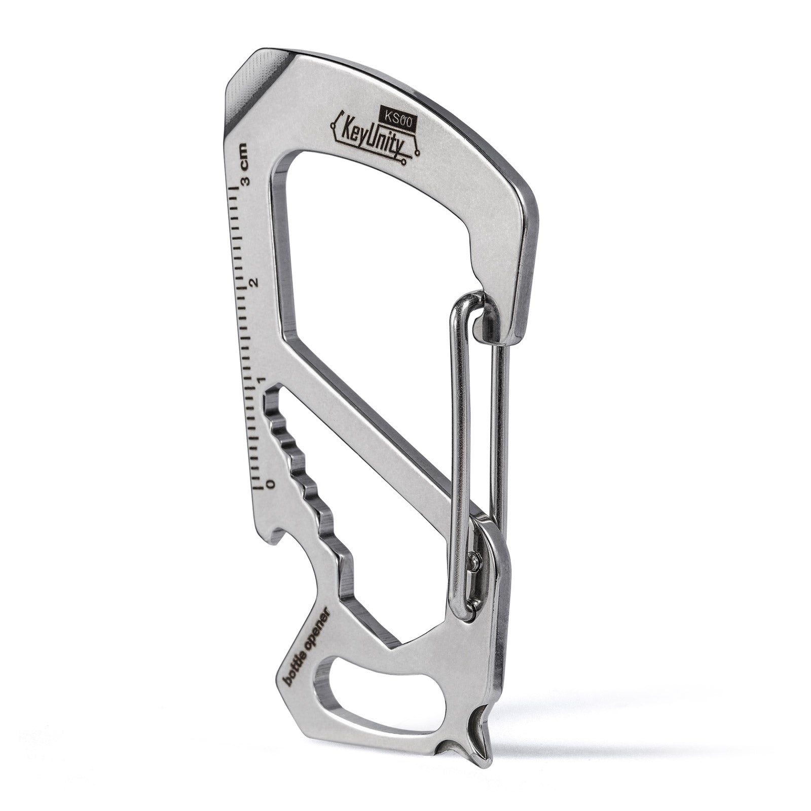 Large silver stainless steel carabiner clip KS00 with bottle opener on white background