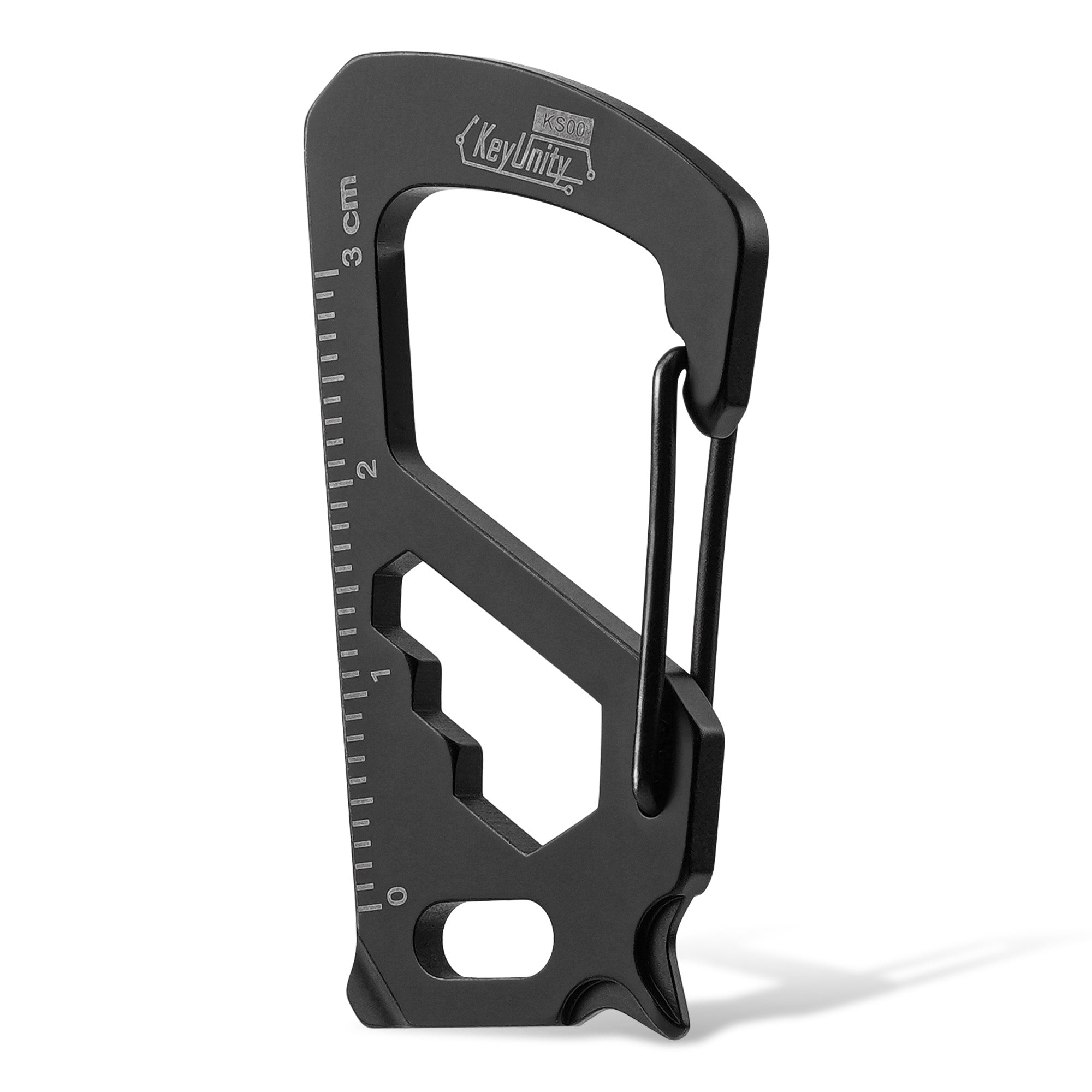 Small black stainless steel carabiner clip KS00 with bottle opener on white background