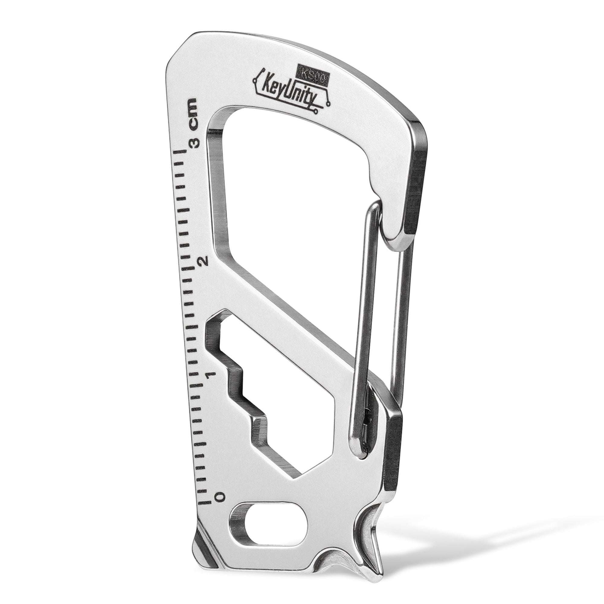 Small silver stainless steel carabiner clip KS00 with bottle opener on white background