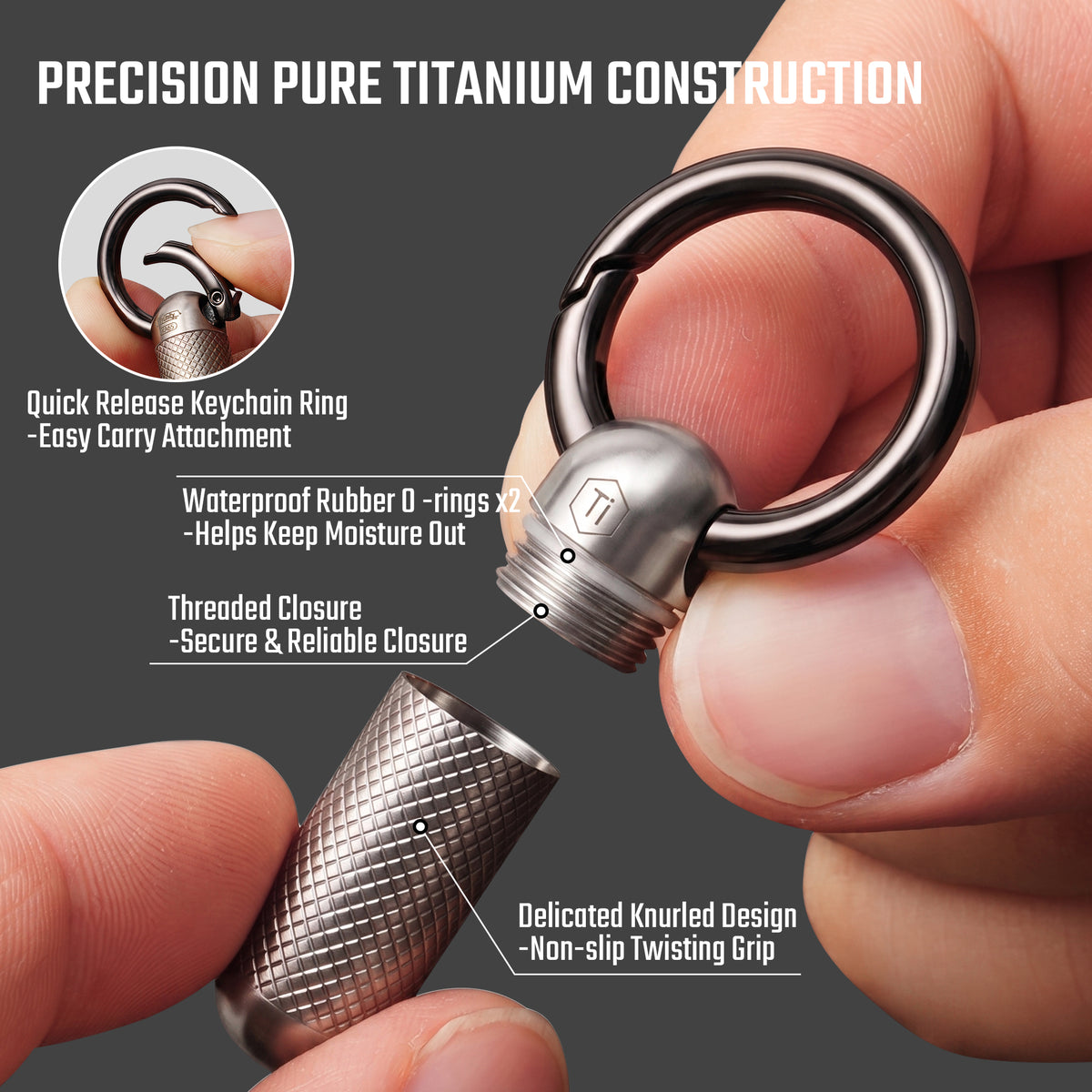 titanium pill case with threaded closure, sealing O-rings and knurled grip
