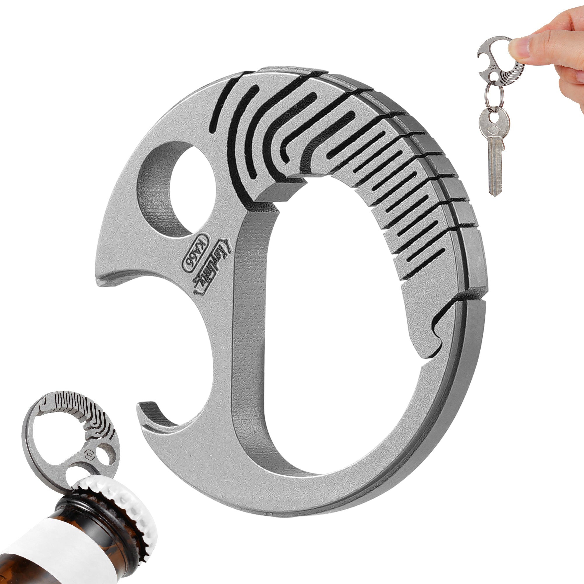 Keyunity KA66 titanium fish bottle opener keychain with bottle opening and key carry views